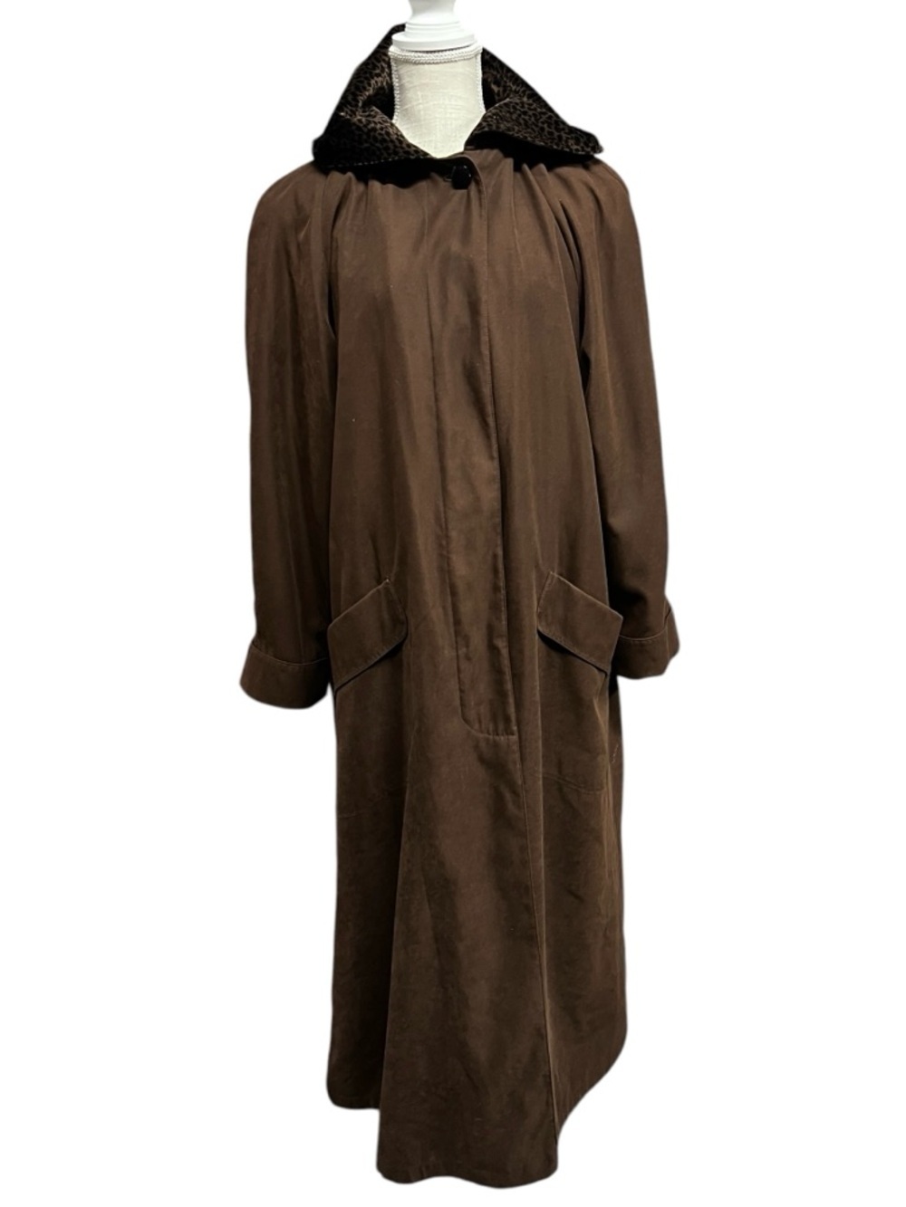 🌻Vintage 90s Gallery Brown Hooded Trench Coat Leopard Print Hood Lining Size 8 - Picture 2 of 10